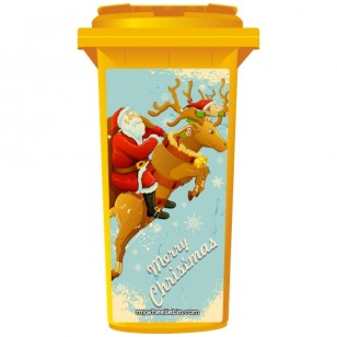 Father Christmas Riding Rudolph Wheelie Bin Sticker Panel
